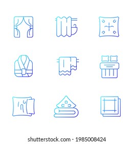 Home textile products gradient linear vector icons set. Window blinds. Shower curtains. Pillow case. Bath robe. Thin line contour symbols bundle. Isolated vector outline illustrations collection