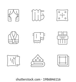 Home textile products linear icons set. Window blinds. Shower curtains. Pillow case. Bath robe. Customizable thin line contour symbols. Isolated vector outline illustrations. Editable stroke