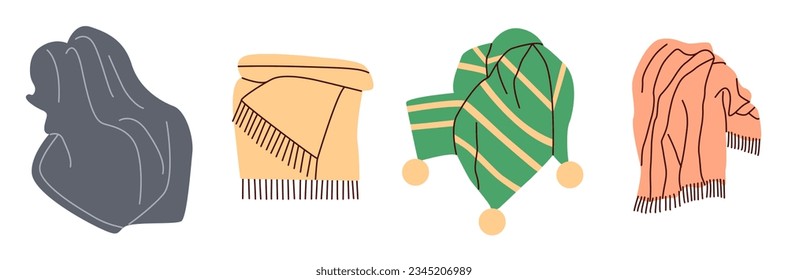 Home textile set. Decorative plaids for interior design. Cozy textiles for home decor.