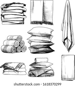 home textile set towels pillows blankets, sketch vector graphics monochrome illustration on white background