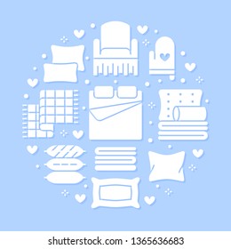 Home textiles circle template with flat glyph icons. Bedding, bedroom linen, pillows, sheets set, blanket and duvet silhouette illustrations. Blue white signs for interior store.