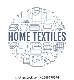 Home textiles circle template with flat line icons. Bedding, bedroom linen, pillows, sheets set, blanket and duvet illustrations. Blue white thin signs for interior store.