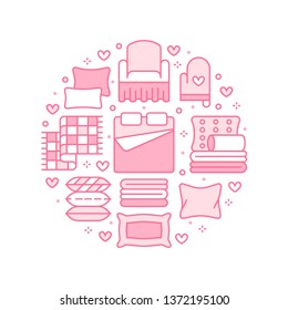 Home textiles circle template with flat line icons. Bedding, bedroom linen, pillows, sheets set, blanket and duvet illustrations. Pink white thin signs for interior store.