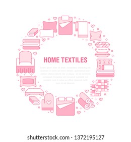 Home textiles circle template with flat line icons. Bedding, bedroom linen, pillows, sheets set, blanket and duvet illustrations. Pink white thin signs for interior store.