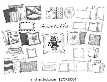 
Home textiles. A collection of various pillows. Hand-drawn vector illustration in vintage style. Isolated interior elements. Sketch.