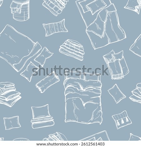 Home textiles.  Hand-drawn  bed linen set with pillows, bed sheet and duvet cover.  Vector seamless pattern.  