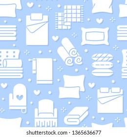 Home textiles seamless pattern with flat glyph icons. Bedding, bedroom linen, pillows, sheets set, blanket and duvet silhouette illustrations. Blue white background for interior store.