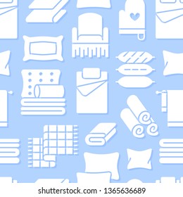 Home textiles seamless pattern with flat glyph icons. Bedding, bedroom linen, pillows, sheets set, blanket and duvet silhouette illustrations. Blue white background for interior store.