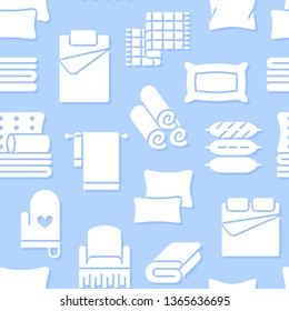 Home textiles seamless pattern with flat glyph icons. Bedding, bedroom linen, pillows, sheets set, blanket and duvet silhouette illustrations. Blue white background for interior store.