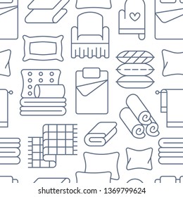 Home textiles seamless pattern with flat line icons. Bedding, bedroom linen, pillows, sheets set, blanket and duvet thin linear illustrations. Blue white background for interior store.