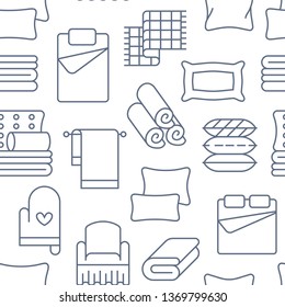 Home textiles seamless pattern with flat line icons. Bedding, bedroom linen, pillows, sheets set, blanket and duvet thin linear illustrations. Blue white background for interior store.