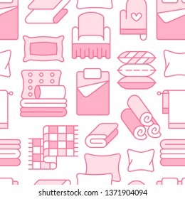 Home textiles seamless pattern with flat line icons. Bedding, bedroom linen, pillows, sheets set, blanket and duvet thin linear illustrations. Pink white background for interior store.