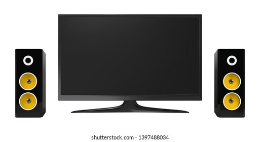 Home theater with audio stereo system and widescreen black flat tv on stand. Realistic vector mockup.