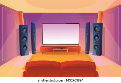 Home Theater In Cartoon Style With Big TV. Room With Red Sofa. Modern Interior. Acoustic Stereo Sound.