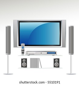 Home Theater Components: Television, DVS Player, Remote Control and Speakers. All components on separate layer--grouped so you can use them independently.