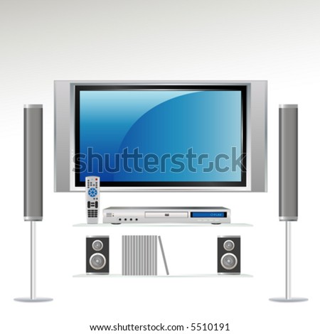 Home Theater Components: Television, DVS Player, Remote Control and Speakers. All components on separate layer--grouped so you can use them independently.