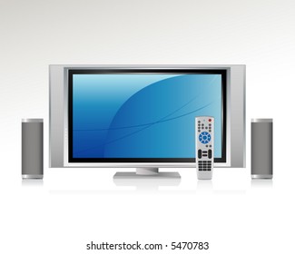 Home Theater Components: Television, Remote Control and Speakers with reflection. All components on separate layer--grouped so you can use them independently.