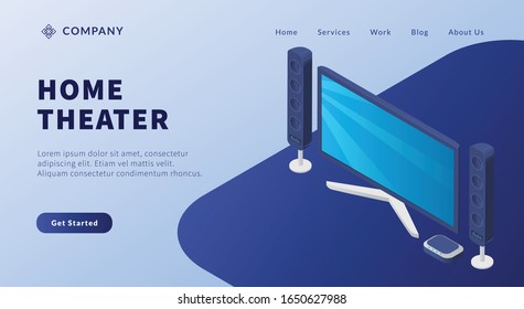 home theater concept for living entertainment with isometric style for website template or landing homepage