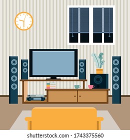 Home theater flat vector illustration. Modern home media entertainment system illustration. Home cinema concept.