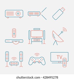 Home theater, house technology, stereo system, USB stick, USB flash drive, projector, TV, DVD player, stereo system, TV satellite, joystick. Thin line icon set. Vector illustration.