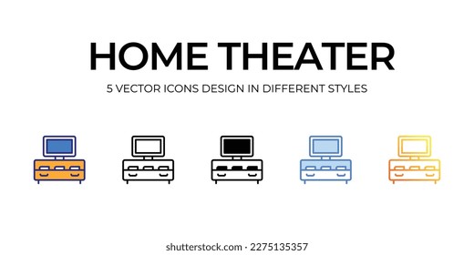 Diseño de iconos de cine en casa en estilo Cinco con estilo de salto editable. Línea, Sólido, Línea plana, Color de tono Duo y Línea de degradado de color. Adecuado para diseño de páginas Web, aplicaciones móviles, UI, UX y GUI.