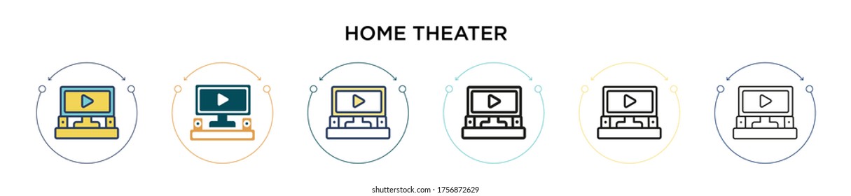 Home theater icon in filled, thin line, outline and stroke style. Vector illustration of two colored and black home theater vector icons designs can be used for mobile, ui, web