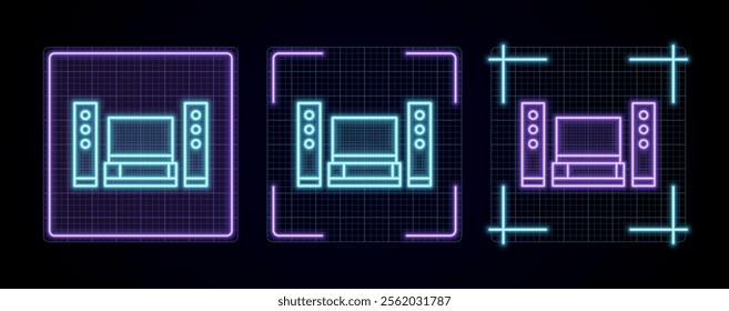 Home theater icon illustration, cyber neon visual, glowing border grid vector.