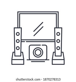 Icono de cine en casa, ilustración aislada lineal, vector de línea delgada, signo de diseño web, símbolo de concepto de contorno con trazo editable sobre fondo blanco.