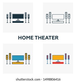 Home Theater icon set. Four elements in diferent styles from household icons collection. Creative home theater icons filled, outline, colored and flat symbols.