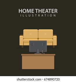 Home Theater Illustration. Modern Home Media Entertainment System and Sofa Chair