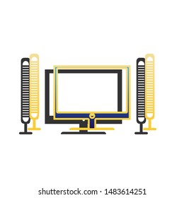 Home theater sign. Blue icon with gold contour with dark gray shadow at white background. Illustration.