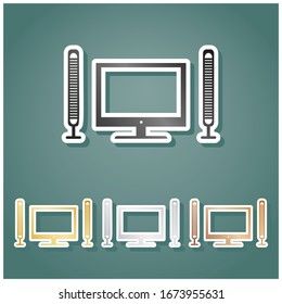 Home theater sign. Set of metallic Icons with gray, gold, silver and bronze gradient with white contour and shadow at viridan background. Illustration.