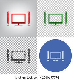 Home theater sign. Vector. 4 styles. Red gradient in radial lighted background, green flat and gray scribble icons on transparent and linear one in blue circle.