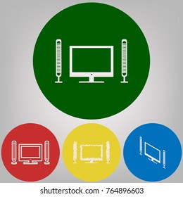 Home theater sign. Vector. 4 white styles of icon at 4 colored circles on light gray background.