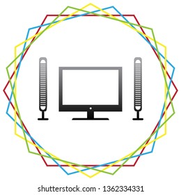 Home theater sign. Vector. Black icon with patch of light inside colorful hexagonal frames at white background.
