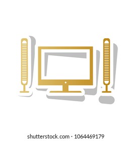 Home theater sign. Vector. Golden gradient icon with white contour and rotated gray shadow at white background.