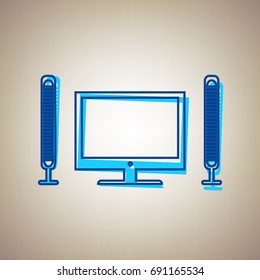 Home theater sign. Vector. Sky blue icon with defected blue contour on beige background.