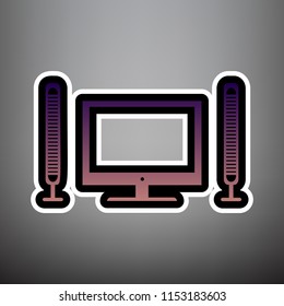 Home theater sign. Vector. Violet gradient icon with black and white linear edges at gray background.