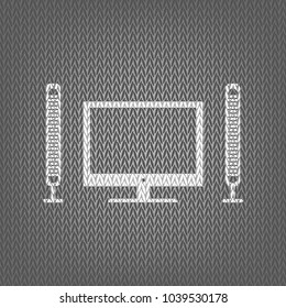 Home theater sign. Vector. White knitted icon on gray knitted background. Isolated.