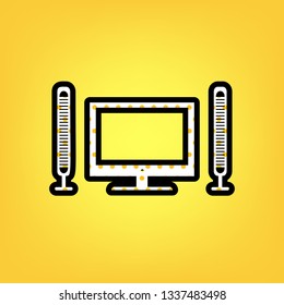 Home theater sign. Vector. Yellow polka dot white icon with black contour at warm yellow background.