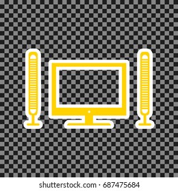 Home theater sign. Vector. Yellow icon with white contour on dark transparent background.