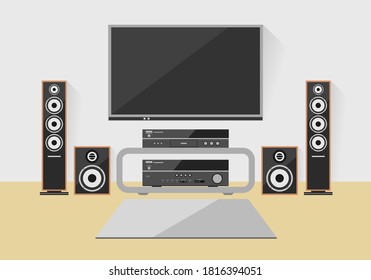 Home theater system in living room. Flat style vector.