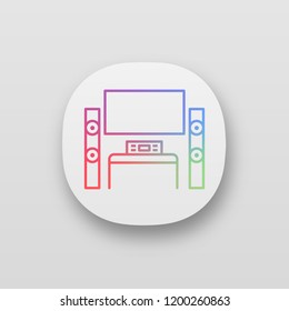 Home theater system with TV app icon. TV set with audio system. Home cinema. Television and loudspeakers. Household appliance. UI/UX interface. Web or mobile application. Vector isolated illustration