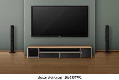 Home theater with tv screen and speakers in modern living room. Vector realistic interior with plasma television hanging on wall, sound stereo system and stand on wooden floor