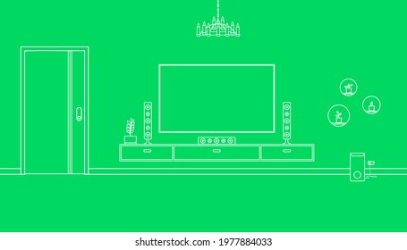 Home theatre room line art design on green background. Vector illustration of room interior concept.