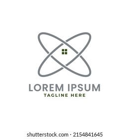 Ilustración del vector con logotipo de la teoría del hogar. Logotipo único que combina los elementos del Hogar con las órbitas atómicas.