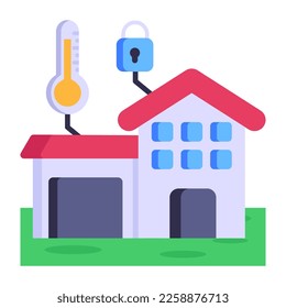 Hogar con termómetro, icono plano de la temperatura del hogar 