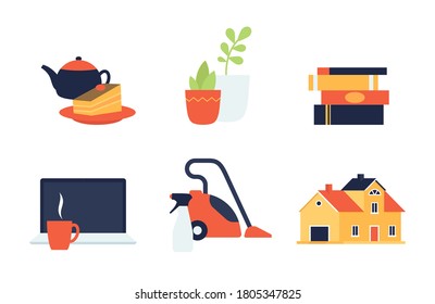 íconos de las cosas del hogar vectorial diseño plano, gasto en el hogar, limpieza y descanso. 