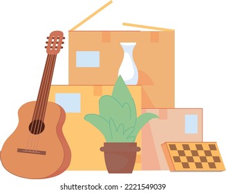 Home things packing for moving. Box pile isolated on white background