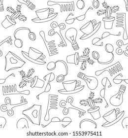 Home things: simple drawings seamless pattern, vector illustration, coloring page, transparent swatch.